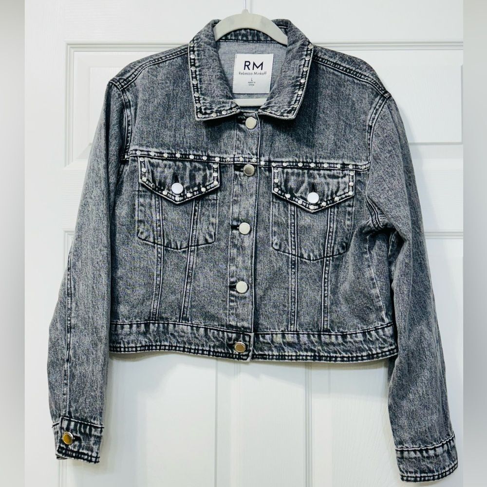 NWOT Rebecca Minkoff Studded Light Black Wash Denim Jean Jacket Women’s Sz L